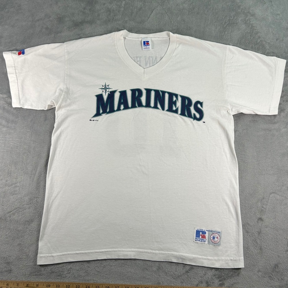 Vintage 1995 Seattle Mariners Russell Athletic V-Neck Shirt Mens Large White USA